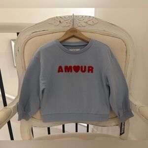 ❤️ 3T Blue Balloon Sleeve Sweatshirt with Red 'Amour' Design in Knit Fabric NWT